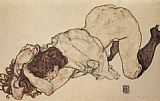 Kneeling girl on both elbows supported by Egon Schiele